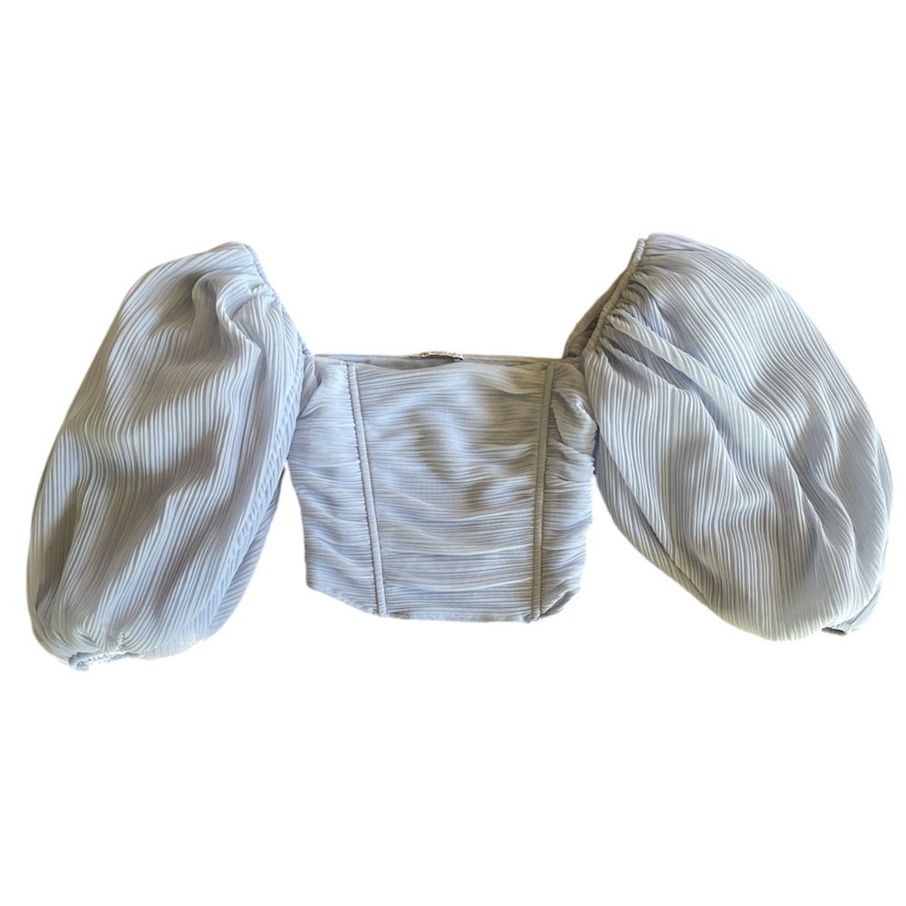 Zara Light Blue Pleated Puff Sleeve Top